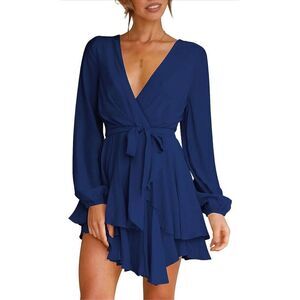 NEW Blue Dress Deep V-Neck Ruffle Mini Swing Skater M
